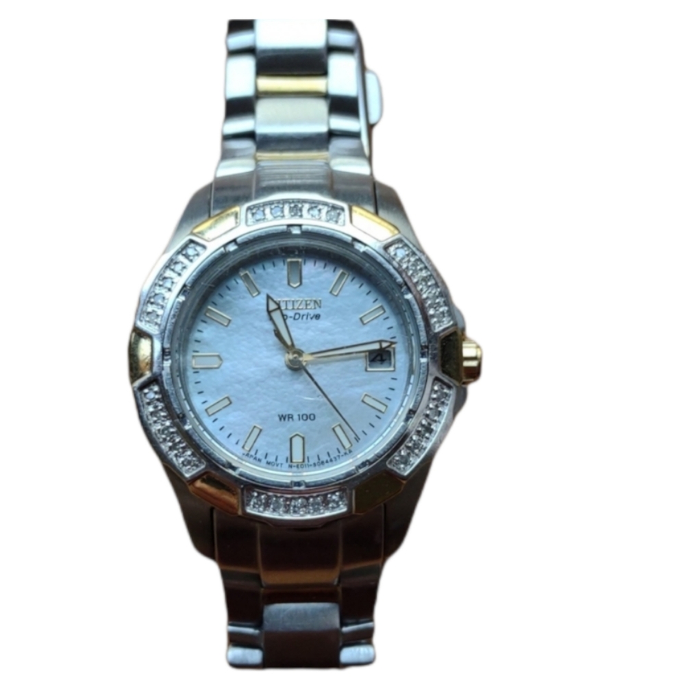 Citizen Eco-Drive silver with gold and rhinestone accents